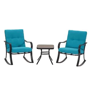 3-Piece Metal Square Outdoor Bistro Set with Blue Table and Cushions