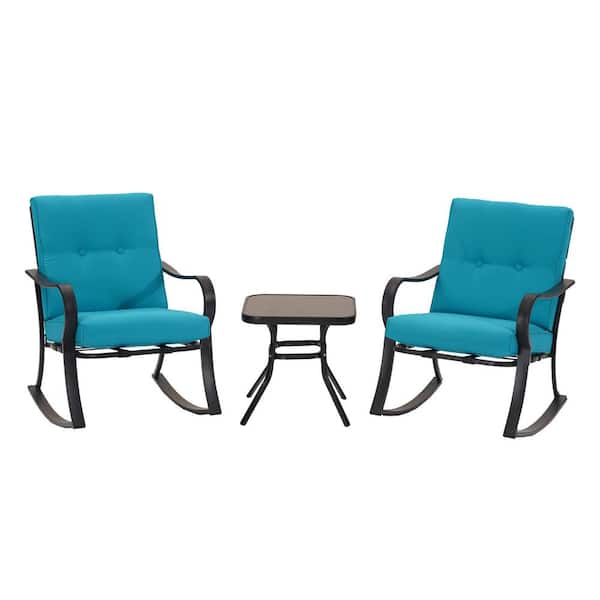 Tidoin 3-Piece Metal Square Outdoor Bistro Set with Blue Table and Cushions