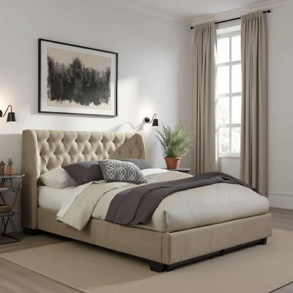 Benjara Pax Beige Wood Frame Queen Size Panel Bed with Storage Footboard
