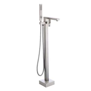 Single Handle Freestanding Tub Faucet with Hand Shower in Brushed Nickel Floor Mount Filler 360° Swivel Spout
