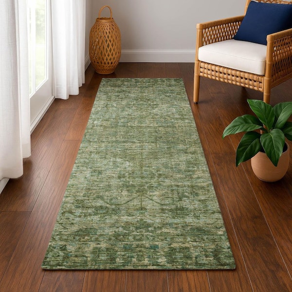 Mayfield Premium Machine Washable Abstract AMF1744 Olive 2 ft. 3 in. x 7 ft. 6 in. Runner Rug