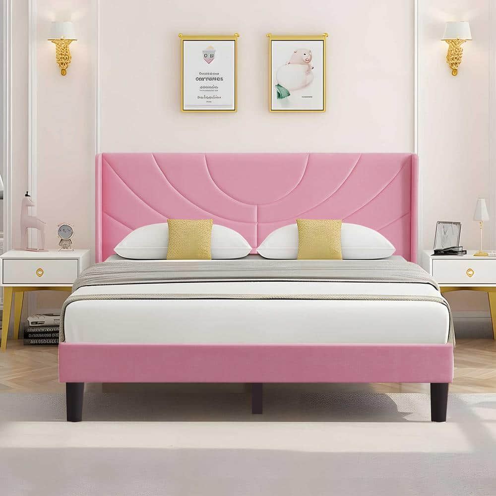 VECELO Upholstered Bed Pink Metal Frame Full Platform Bed With ...