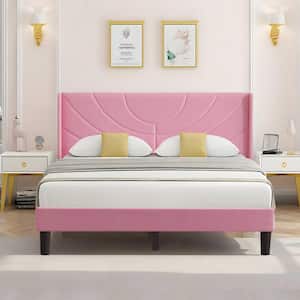 Upholstered Bed Pink Metal Frame Full Platform Bed with Headboard Wood Slat Support