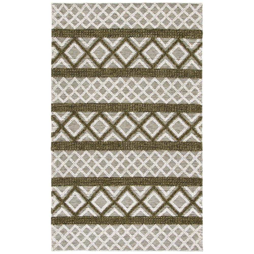 Ivory and Dark Green Handwoven Wool Area Rug 3' x 5'