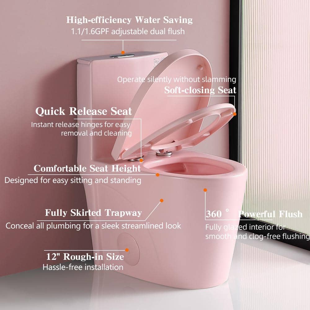 Pink Elongated Free Standing Dual Flush Toilet with Seat