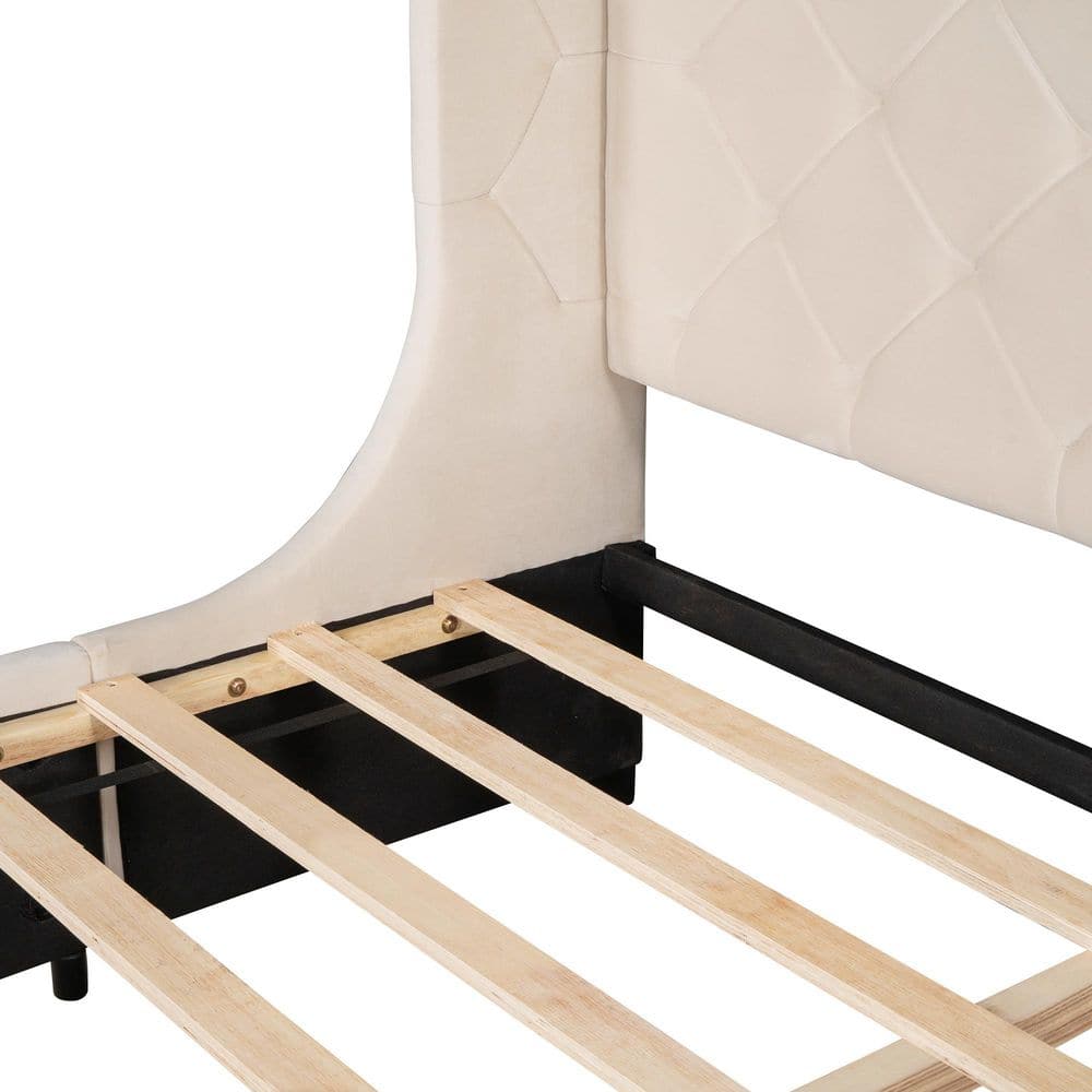 Beige Velvet Upholstered Queen Platform Bed with Storage Drawer