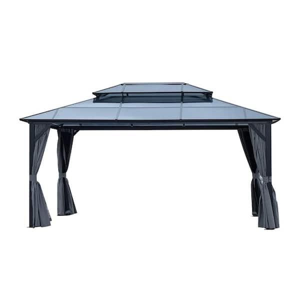 FIROMO 10 ft. x 13 ft. Hardtop Gazebo Polycarbonate Double Roof Canopy, Aluminum Frame Pavilion with Curtains and Netting