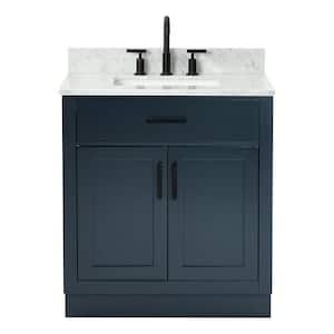 Hepburn 31 in. W x 22 in. D x 25.25. H Bath Vanity in Midnight Blue with Carrara Marble Vanity Top with White Basin