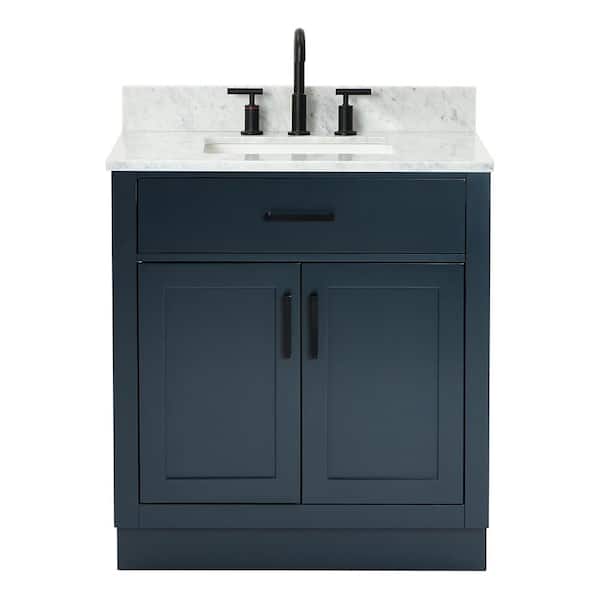 Hepburn 30 in. Single Sink Freestanding Bathroom Vanity in Midnight Blue with 0.75 in. Carrara White Marble Top