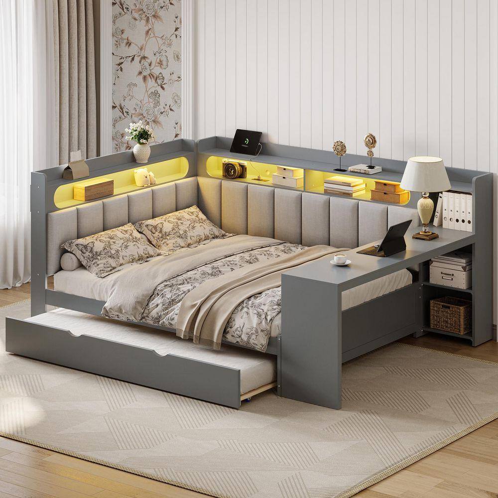 Gray Full Daybed with Trundle, LED Light and Upholstered Headboard