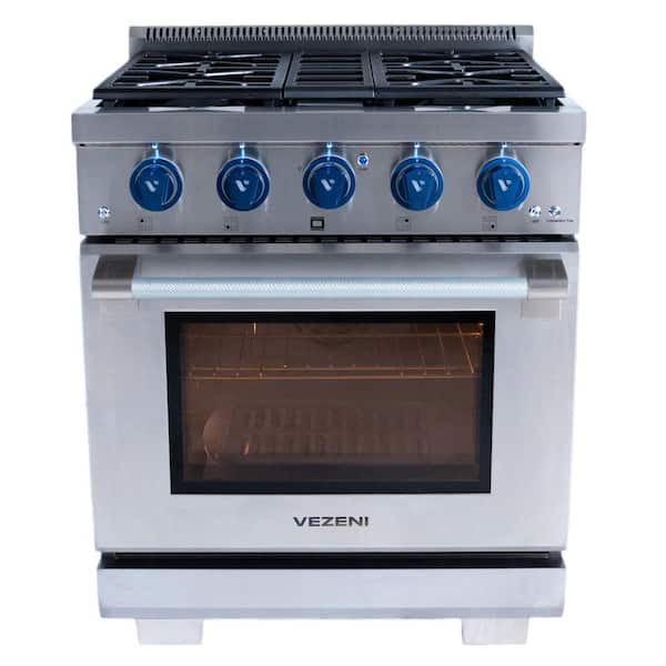 Randolph Pro 30 in. 4-German Brass Burners Freestanding Natural Gas Stainless Steel Range, Blue LED Knobs