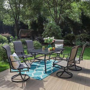 Black 7-Piece Metal Outdoor Patio Dining Set with Slat Rectangle Table and Padded Textilene Swivel Chairs
