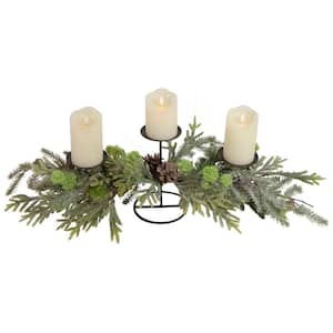 26 in. Triple Candle Holder with Frosted Foliage and Pine Cones Christmas Decor