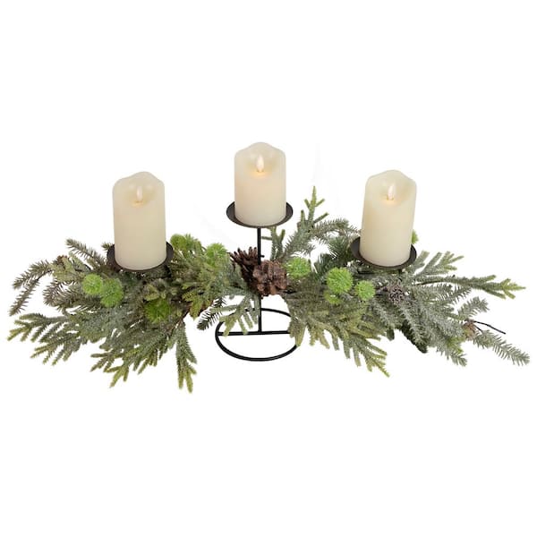 Northlight 26 in. Triple Candle Holder with Frosted Foliage and Pine Cones Christmas Decor