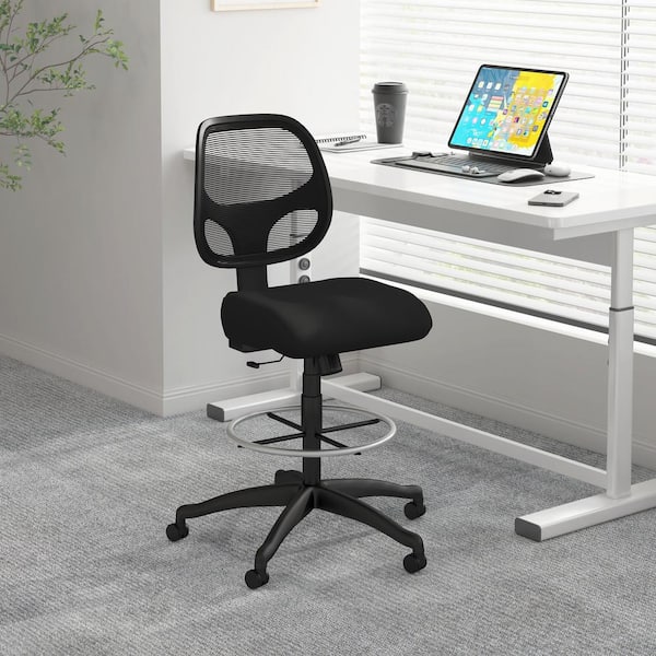 BOSS Office Products BOSS Mesh Fabric, Adjustable Height Ergonomic Drafting Chair in Black/Black Armless.