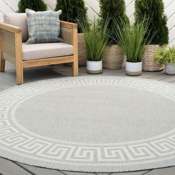 Eco Greek Key Gray 6 ft. Round Indoor/Outdoor Area Rug