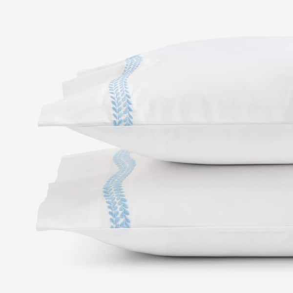 The Company Store Legends Hotel Embroidered Leaf White/Blue Floral Egyptian Cotton King Pillowcase (Set of 2)