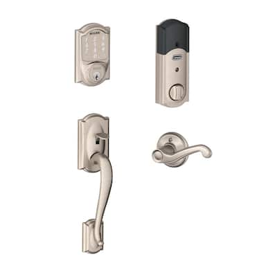 Camelot Satin Nickel Sense Smart Door Lock with Left Handed Flair Lever Door Handleset