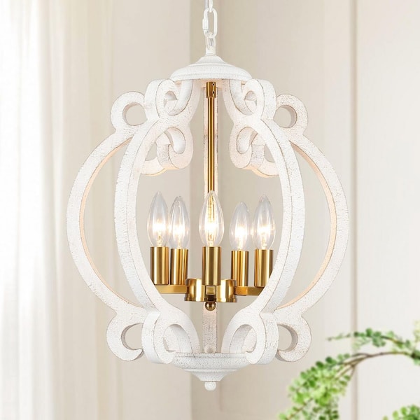 HLJYNJM 5-Light Gold and White French Country Globe Wood Lantern Candlestick Chandelier for Living Room