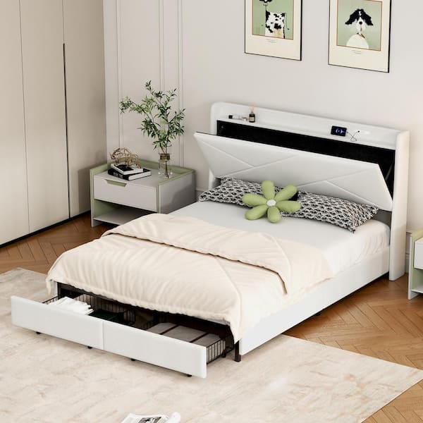 Qualler Beige Wood Frame Queen Size Platform Bed with LED Lighting and USB Charge Function