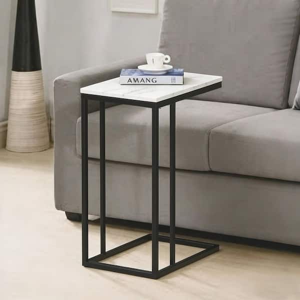 18.9 in. W x 11.8 in. D Rectangular White Marble C Table and Accent Table with Matte Black Base