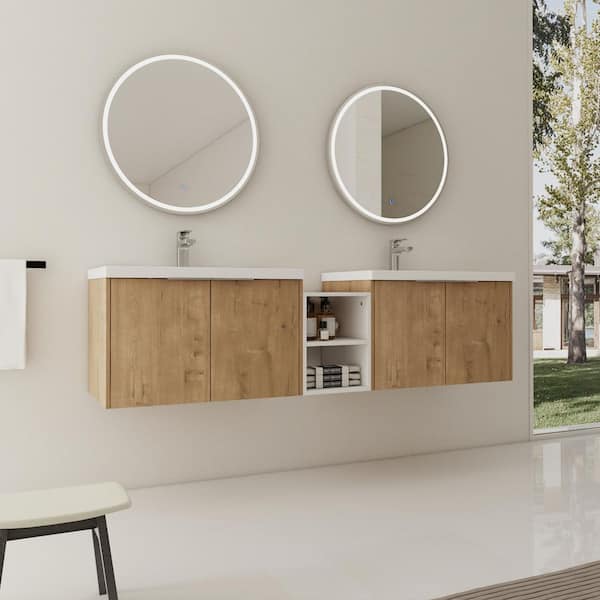 Stafford 71.1 in. W x 18.1 in. D x 19.3 in. H Floating Bath Vanity in Imitative Oak with White Resin Vanity Top