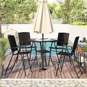 Dark Brown 5-Piece PE Wicker Outdoor Dining Set with Umbrella Hole and 4 Foldable Chairs