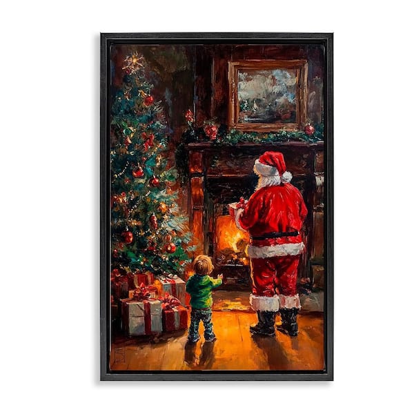 Santa & Child by Fireplace by Sara Culpepper 1 Piece Black Floater Frame Graphic Nature Art Print 25 in. x 17 in.