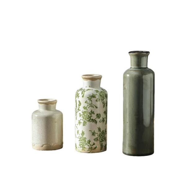 9.96 in. Vintage Chinoiserie Green Beige Ceramic Antique Decorative Vase LX0734