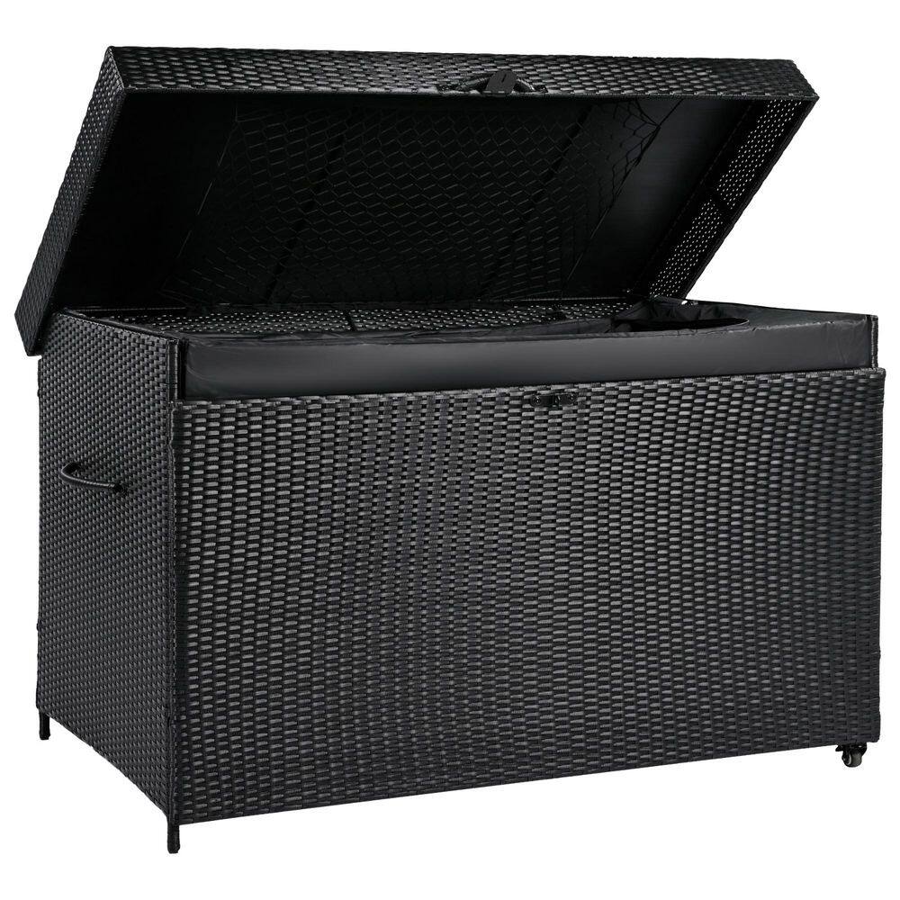 230 Gal. UV Resistant Black Wicker Deck Box with Wheels, Handle, Lockable L