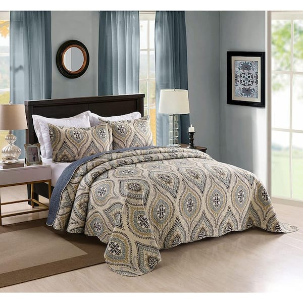A16 Printed 3-Piece Dark Gary Paisley Polyester Queen Size Lightweight Quilt Set