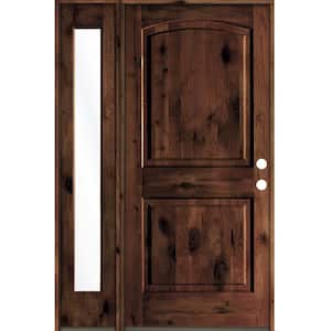 44 in. x 80 in. Knotty Alder 2 Panel Left-Hand/Inswing Clear Glass Red Mahogany Stain Wood Prehung Front Door w/Sidelite