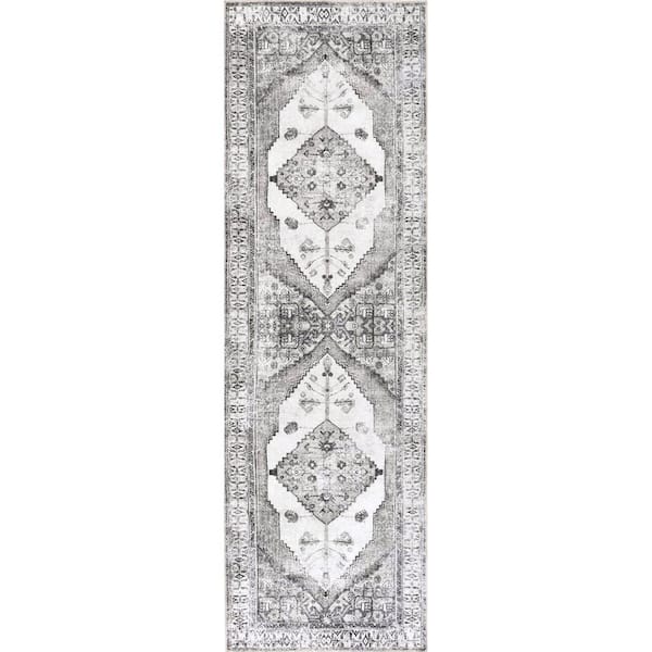 nuLOOM Gladys Light Grey 2 ft. 6 in. x 6 ft. Machine Washable Vintage Medallion Indoor Runner Rug