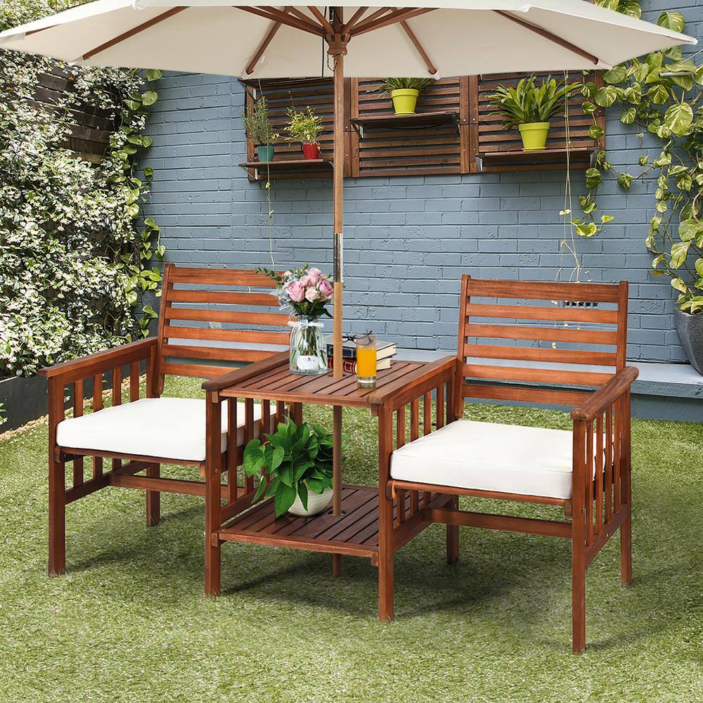Acacia Wood 2-Person Patio Loveseat Set with Off-White Cushions