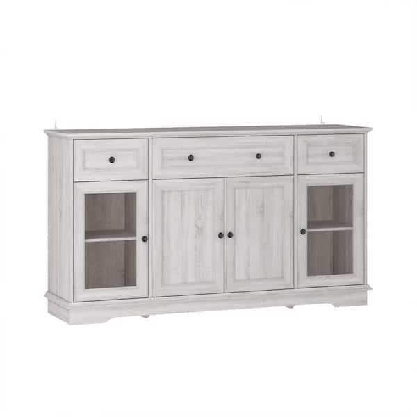 FUFU&GAGA Retro Beige Light Wood Grain Wooden 63 in. W Sideboard, Storage Cabinet, Food Pantry with 3-Drawer & 5-Shelf