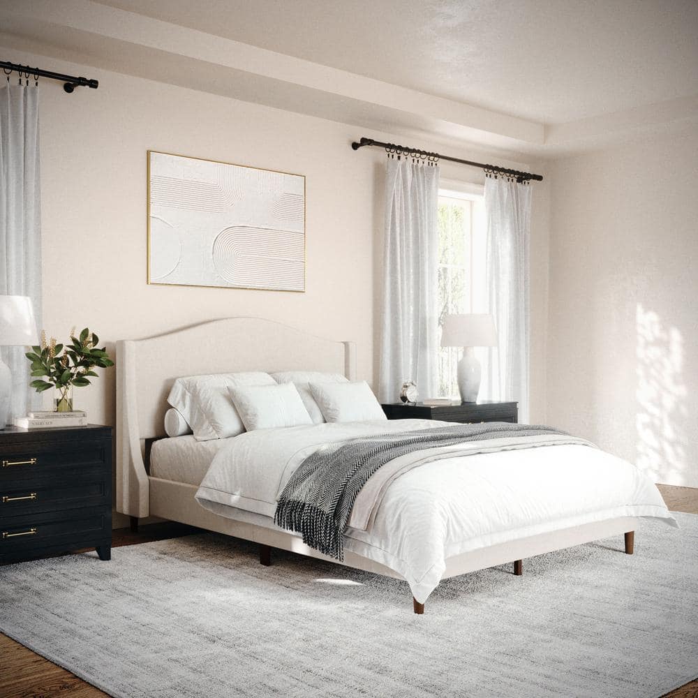Full Beige Linen Upholstered Platform Bed with Walnut Legs