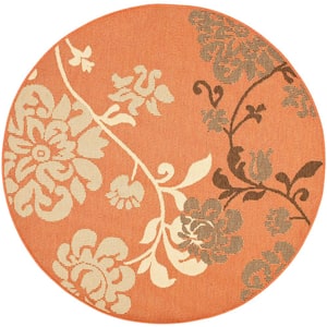 Courtyard Terracotta Natural/Brown 7 ft. x 7 ft. Round Floral Indoor/Outdoor Patio  Area Rug