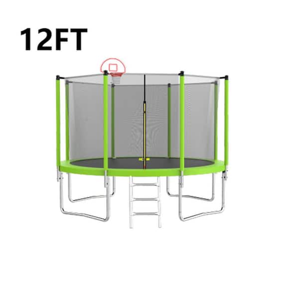 Unbranded 12 ft. Outdoor Trampoline with Basketball Hoop & Ball, Enclosure Net, Ladder for Kids & Adults for Back Yard, Green