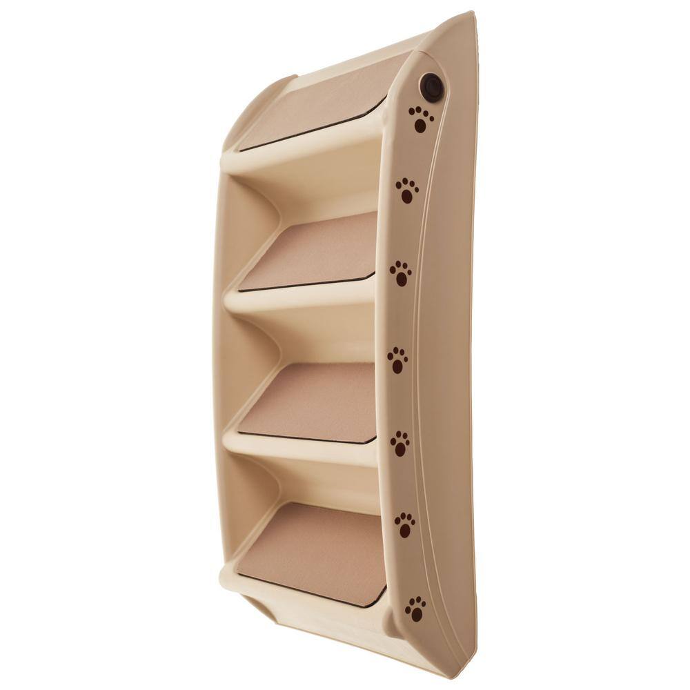 Foldable Tan Plastic 4-Step Pet Stairs with Foam Tread