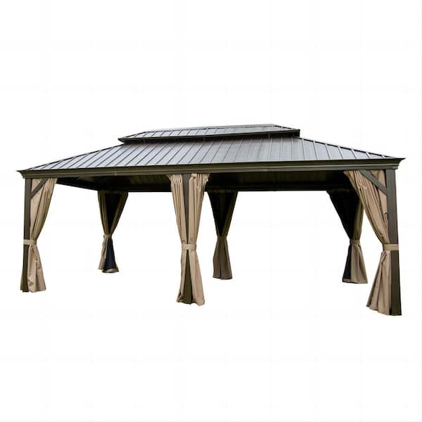 Sudzendf 12 ft. x 20 ft. Brown Hardtop Gazebo Double Roof Aluminum Frame Permanent Metal Pavilion with Curtains and Netting