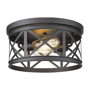 12 in. 2-Light Black Metal Shade Finish Caged Round Ceiling Flush Mount Light