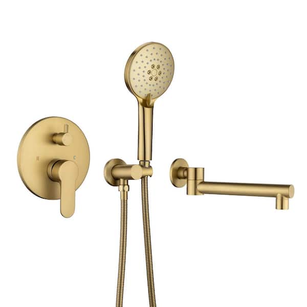 Flynama Single-Handle 3 Hole Wall Mount Roman Tub Faucet with Hand Shower in Brushed Gold