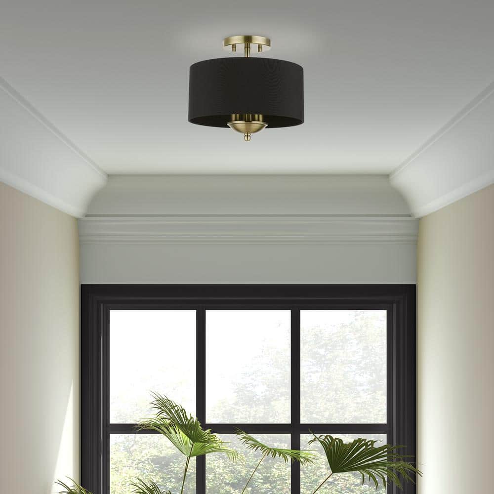Antique Brass 3-Light Transitional Semi-Flush Mount with Black Fabric Shade