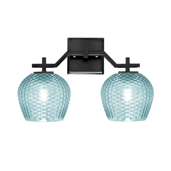 Unbranded Bridgewater 15.75 in. 2 Light Vanity Light Matte Black with 6 in. Turquoise Textured Glass Shades, No Bulbs Included