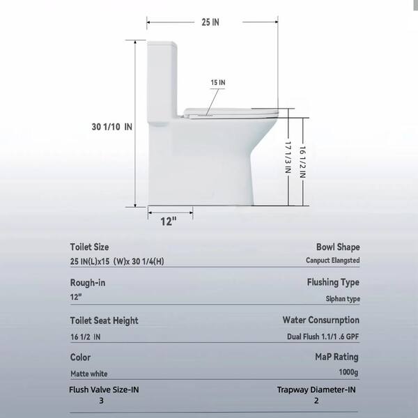 ZXDDMS Rough in 12 in. 1-Piece Toilet 1.1/1.6 GPF Powerful Dual