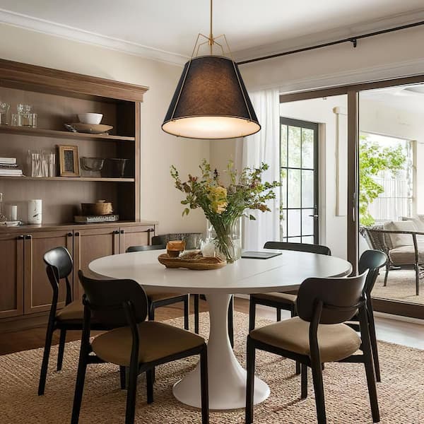 Haven Modern Farmhouse 23.6 in. W 4-Light Brass Frame Pendant Light with Black Fabric Shade for Hallway or Kitchen