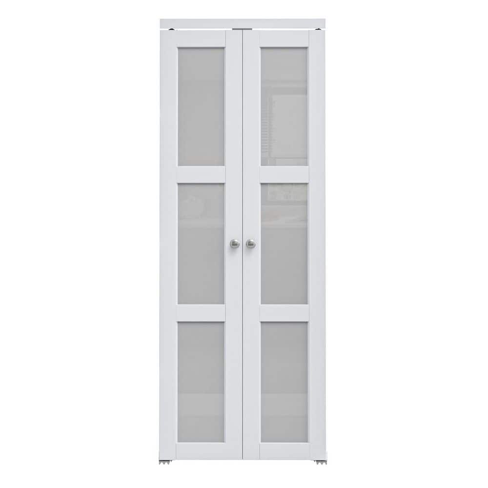 30 in. x 80 in. 3-Lite Tempered Frosted Glass Solid Core White Finished Glass Pivot Bifold Door with 2-Types of Hardware price history on PriceWatchPro