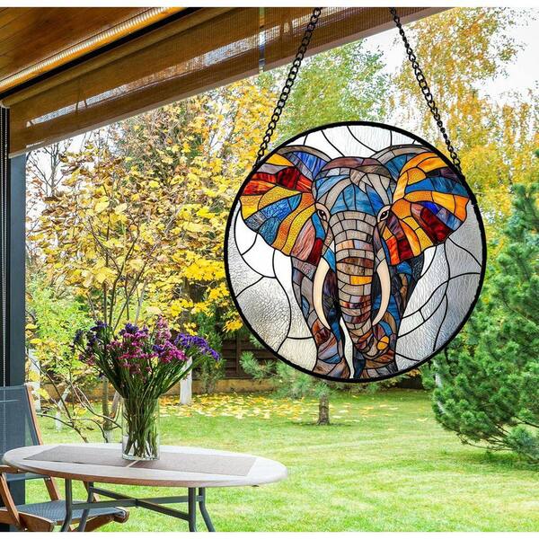 Silver Colorful Elephant Stained Glass Window Hanging YYD6-258