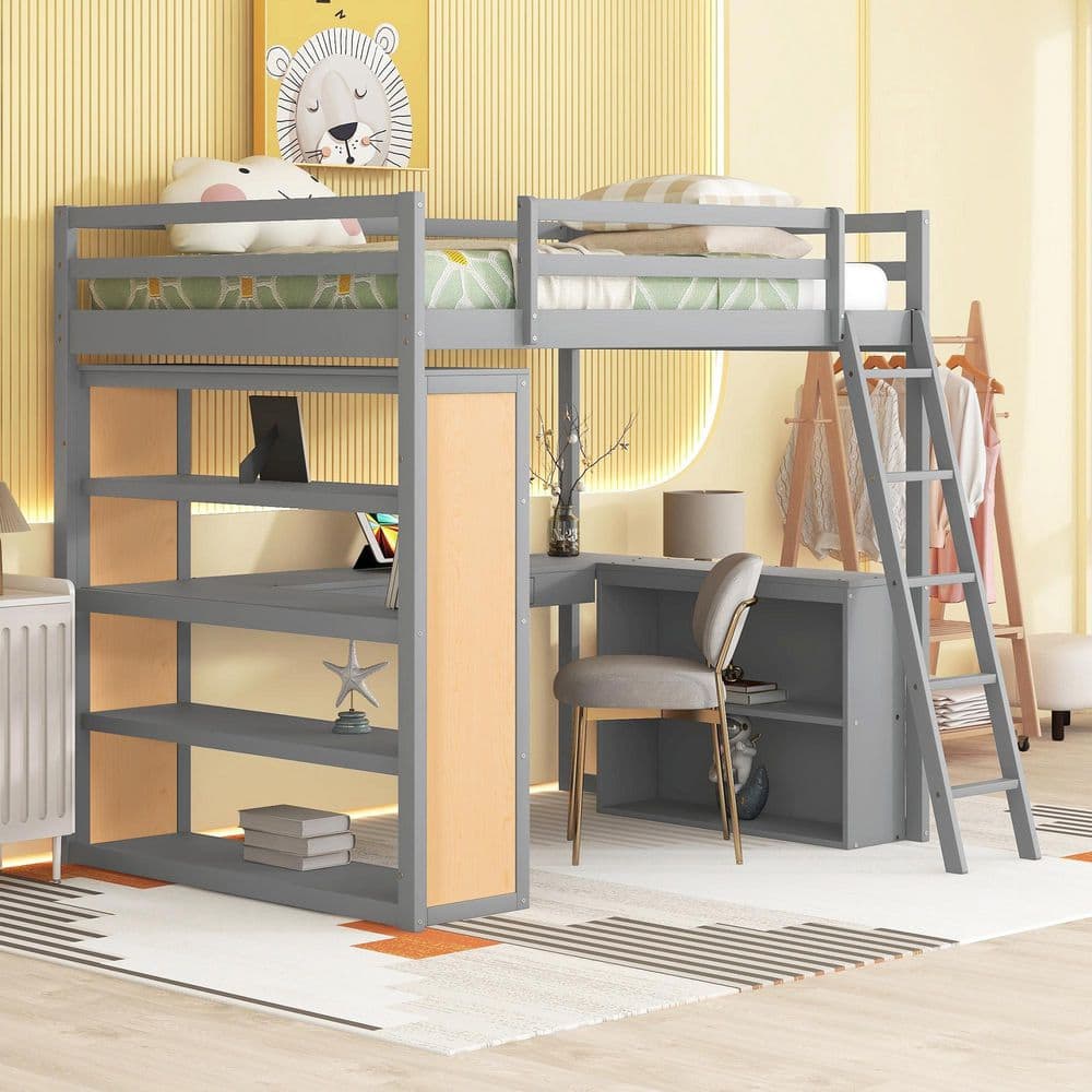 Gray Full Wooden Loft Bed with Shelves, Desk, Drawer and Ladder price history on PriceWatchPro