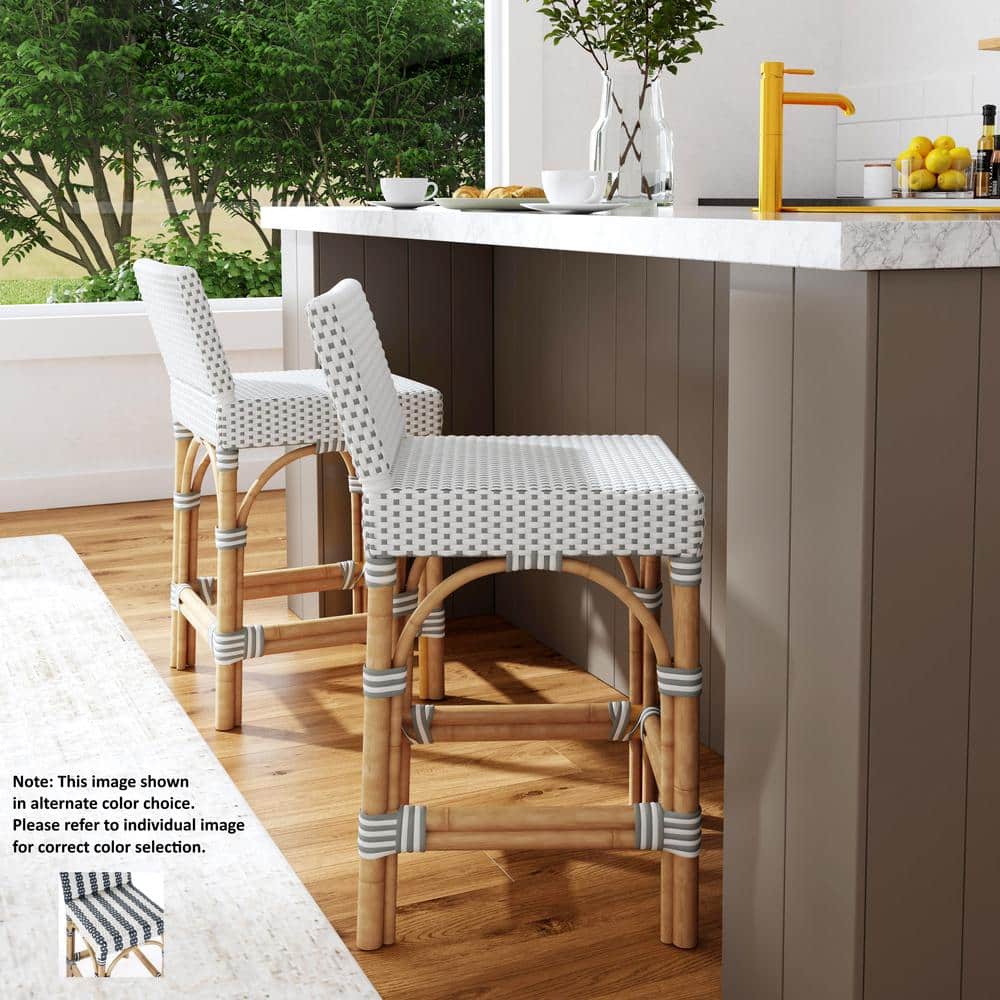 Coastal Charm Rattan and Blue Stripe Low Back Counter Stool